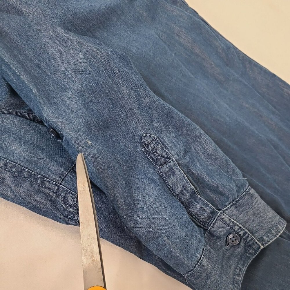 AMERICAN RAG Denim Button Up Shirt Women's XS Blouse Top Button Blue Frayed Edge - Picture 12 of 13